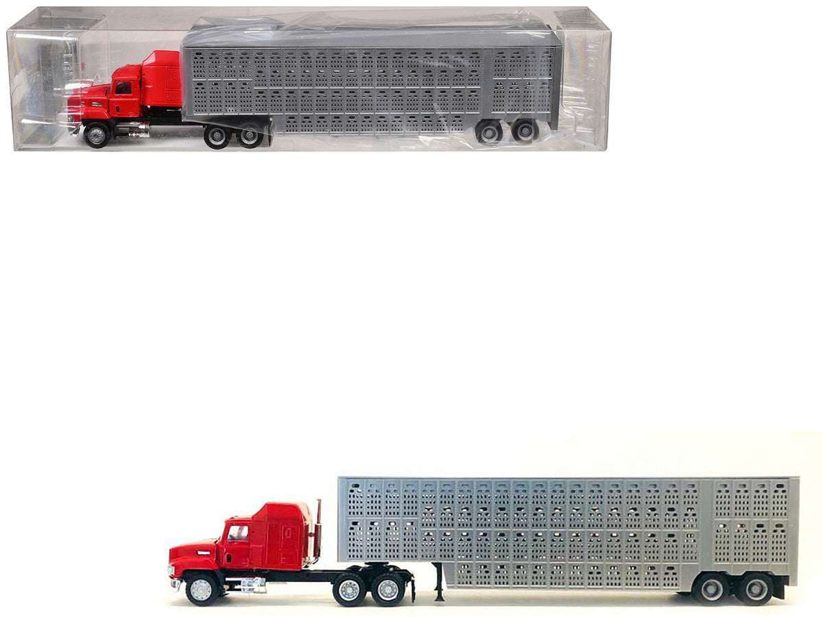 Mack CH 613 with Sleeper Cab Red with Silver Livestock Trailer 1/87 (HO) Plastic Model Car by Promotex LuxuryLifeWay Online Store