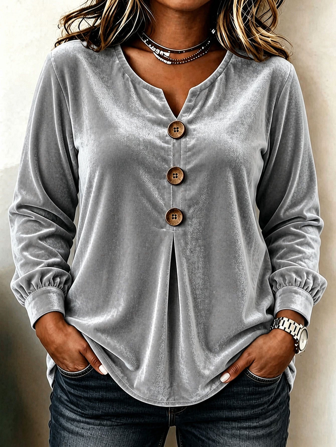 Elegant V-neck Buttoned Long-sleeve Velvet Blouse For Women NorixaFashion.com