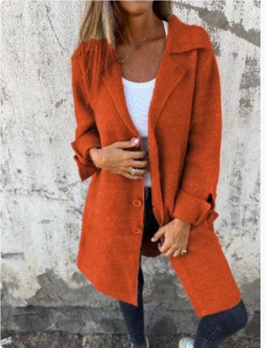Lapel Single Breasted Cardigan With Pockets Fashion Color Solid Mid-Length Outwear Coat Womens Clothing LadyShow.Store