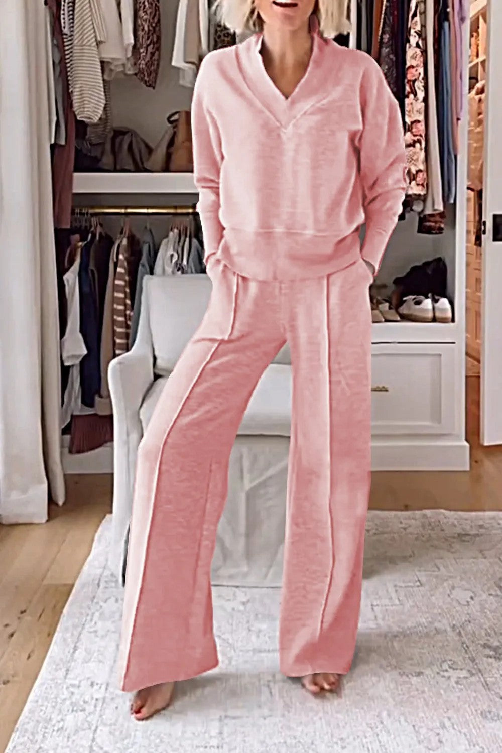 V-neck Long Sleeve Loose Top Wide Leg Pants Two-piece Set NorixaFashion.com