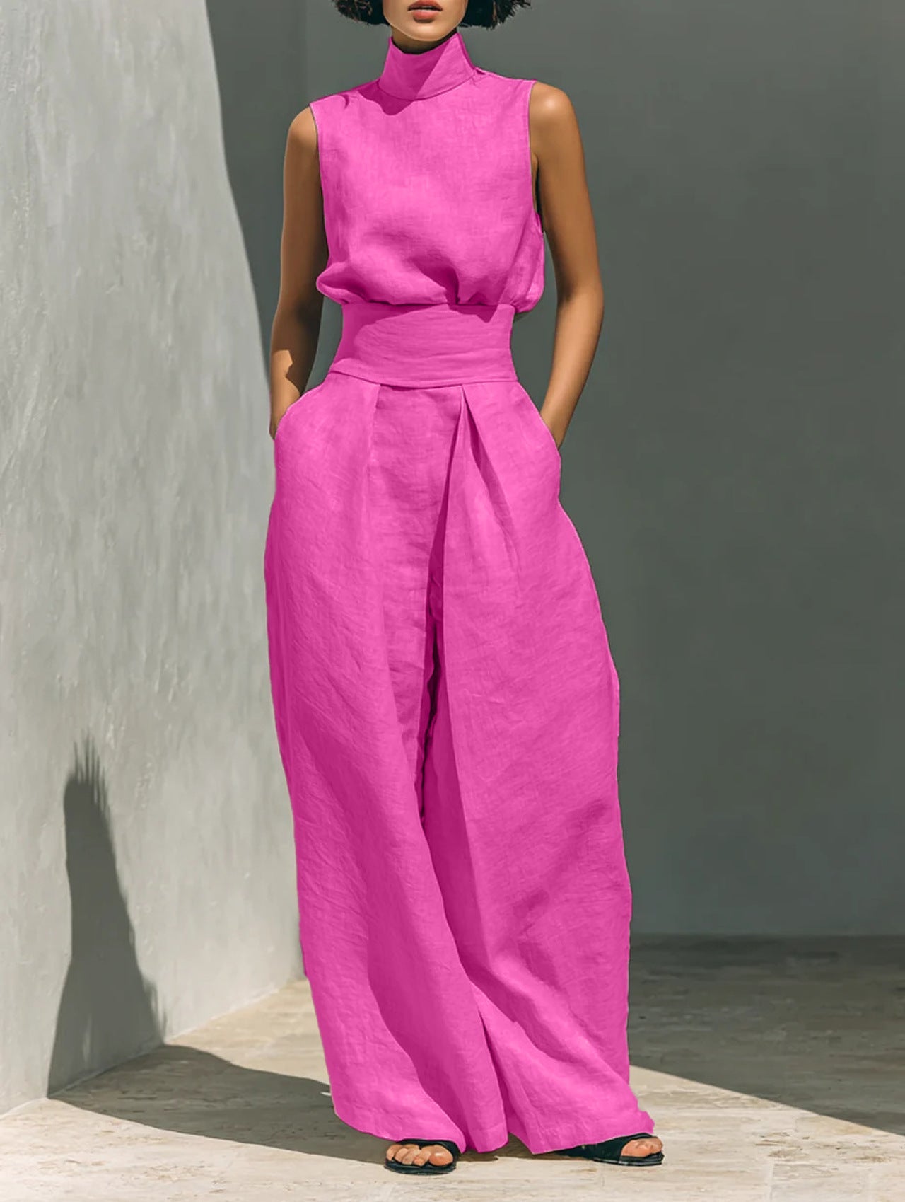 Casual Sleeveless Suit Summer Stand-up Collar Pullover Top And Loose Straight-leg Trousers Women's Clothing LadyShow.Store