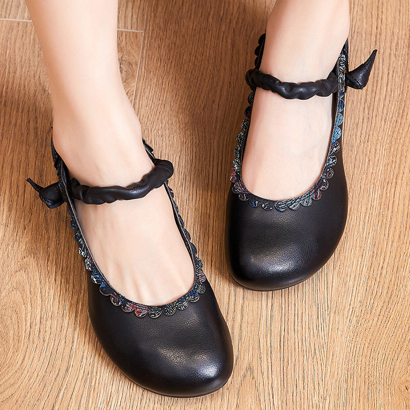 Vintage Chinese Element Violet Butterfly Thick Heel Soft Leather Round Toe Versatile Single Shoe LadyShow.Store