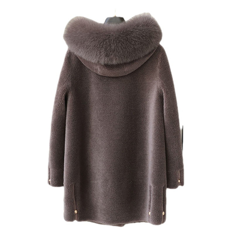Women's Fox Fur Collar Hooded Sheep Shearling Coat Best YouTube Store