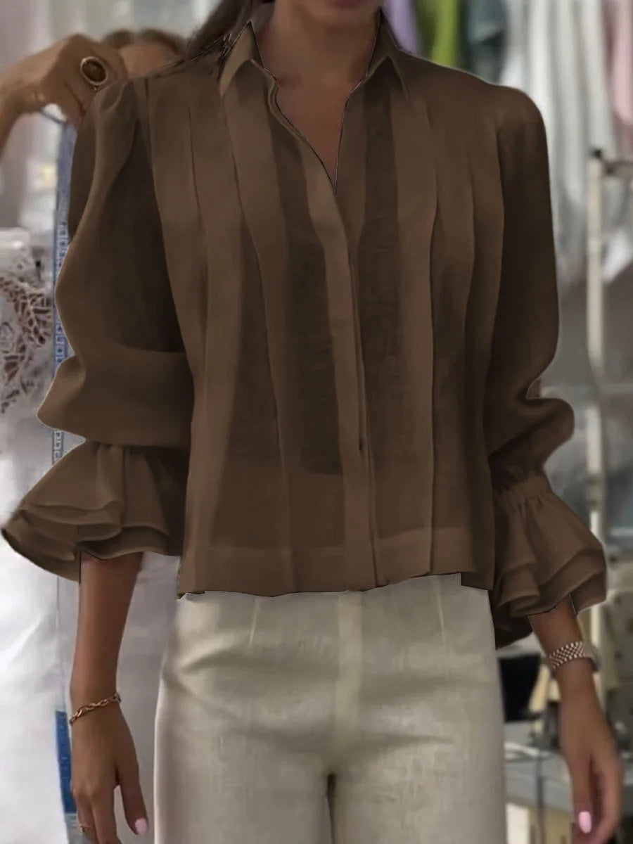 Pleated Solid Color Stitching Short Sleeve Shirt NorixaFashion.com