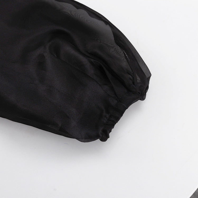 Black Sheer Puff Sleeve V-neck Tie-front Top NorixaFashion.com