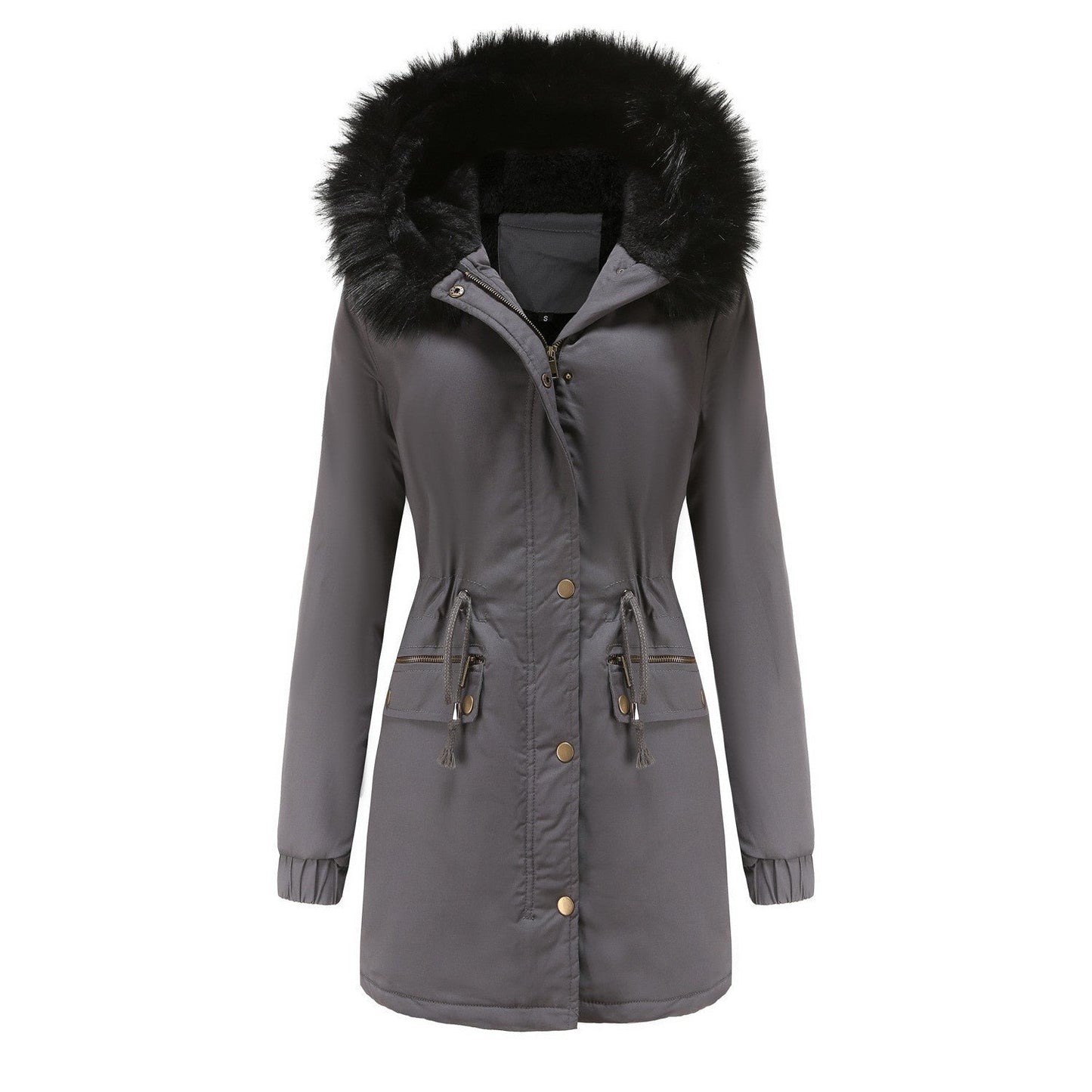 Women's Plush Hooded Parkas Winter Warm Thick Zip-up Jackets Casual Mid-length Solid Buckle Pockets Coat Outerwear Clothing LadyShow.Store