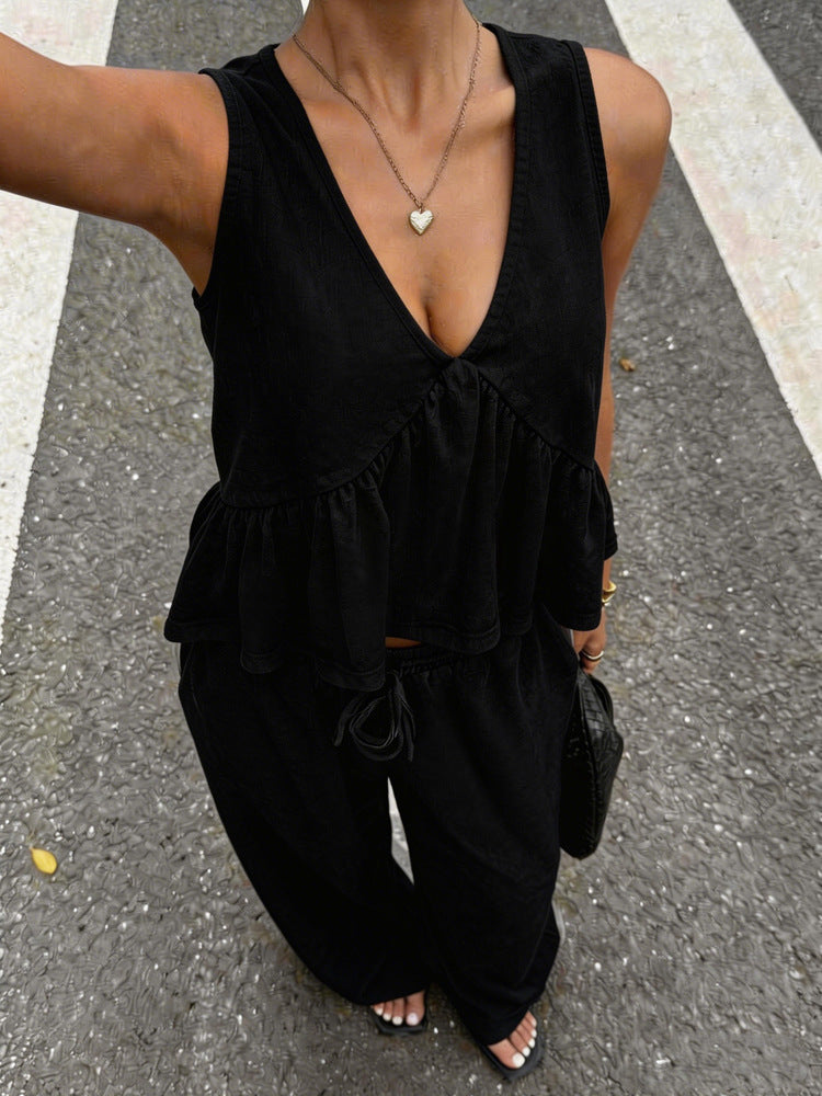 Women's Casual V-Neck Sleeveless Top And Pants Set NorixaFashion.com