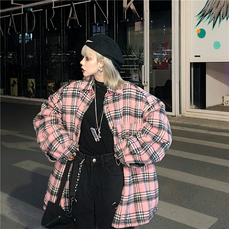 Streetwear Punk Vintage Pink Plaid Loose Winter Women Jackets CJD