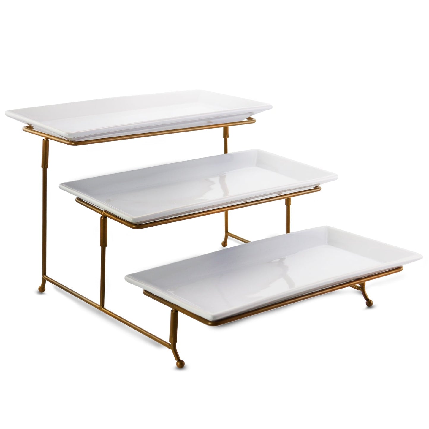 Gibson Elite Gracious Dining 3 Tiered Rectangle Porcelain Plate Set with Gold Metal Stand LuxuryLifeWay Online Store