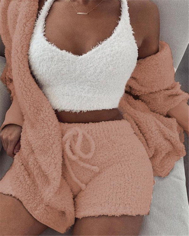 3pcs Womens Clothing Long Sleeve Crop Tank Top And Drawstring Shorts Pajama Set NorixaFashion.com
