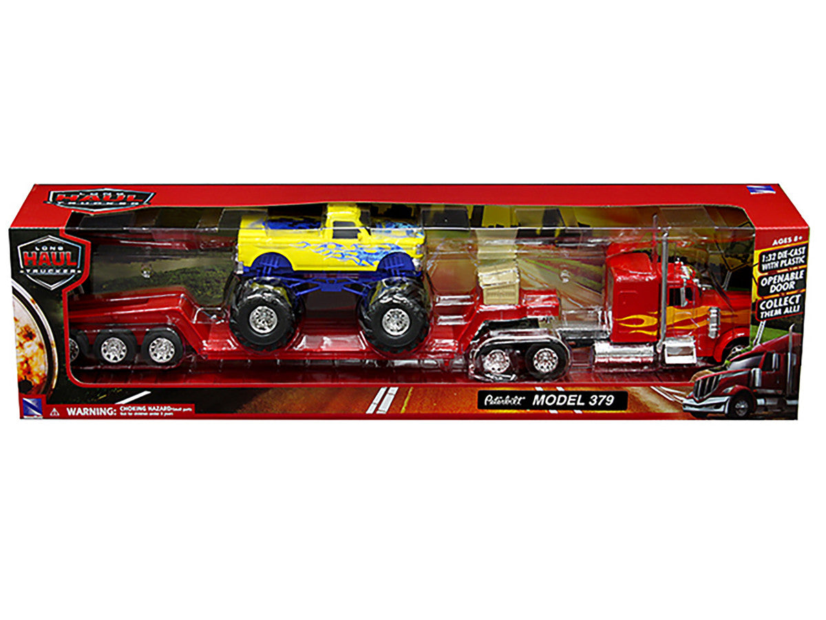 Peterbilt 379 Truck with Lowboy Trailer Red with Orange Flames and Monster Truck Yellow with Blue Flames "Long Haul Truckers" Series 1/32 Diecast Model by New Ray LuxuryLifeWay Online Store