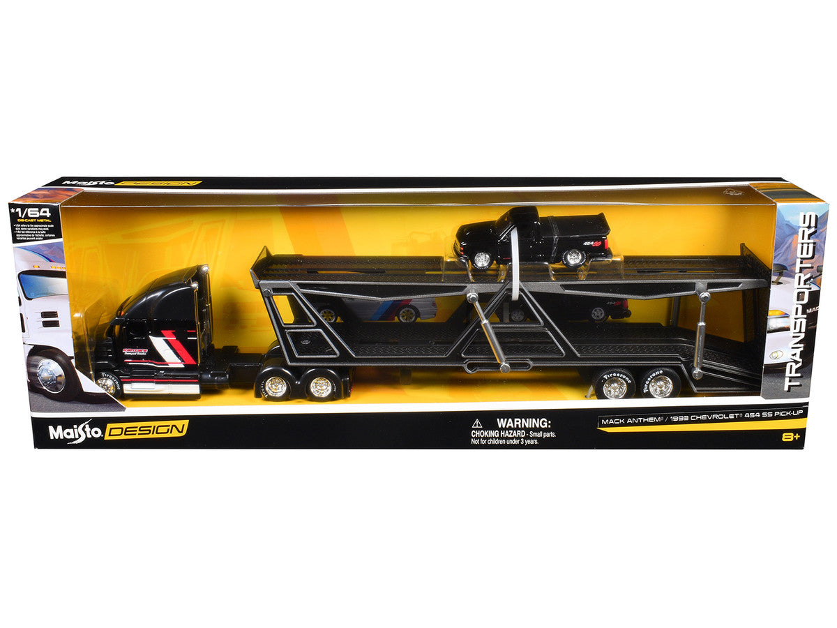 Mack Anthem Open Car Hauler Black with Red and White Stripes "Kenzie's Transport Services" and 1993 Chevrolet 454 SS Pickup Truck Black "Transporters" Series 1/64 Diecast Models by Maisto LuxuryLifeWay Online Store