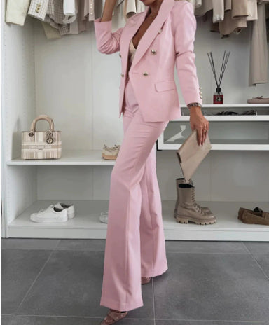 Casual Blazer Suit Slim Lapel Double-breasted Jacket And Zip-up Trousers Women's Clothing NorixaFashion.com