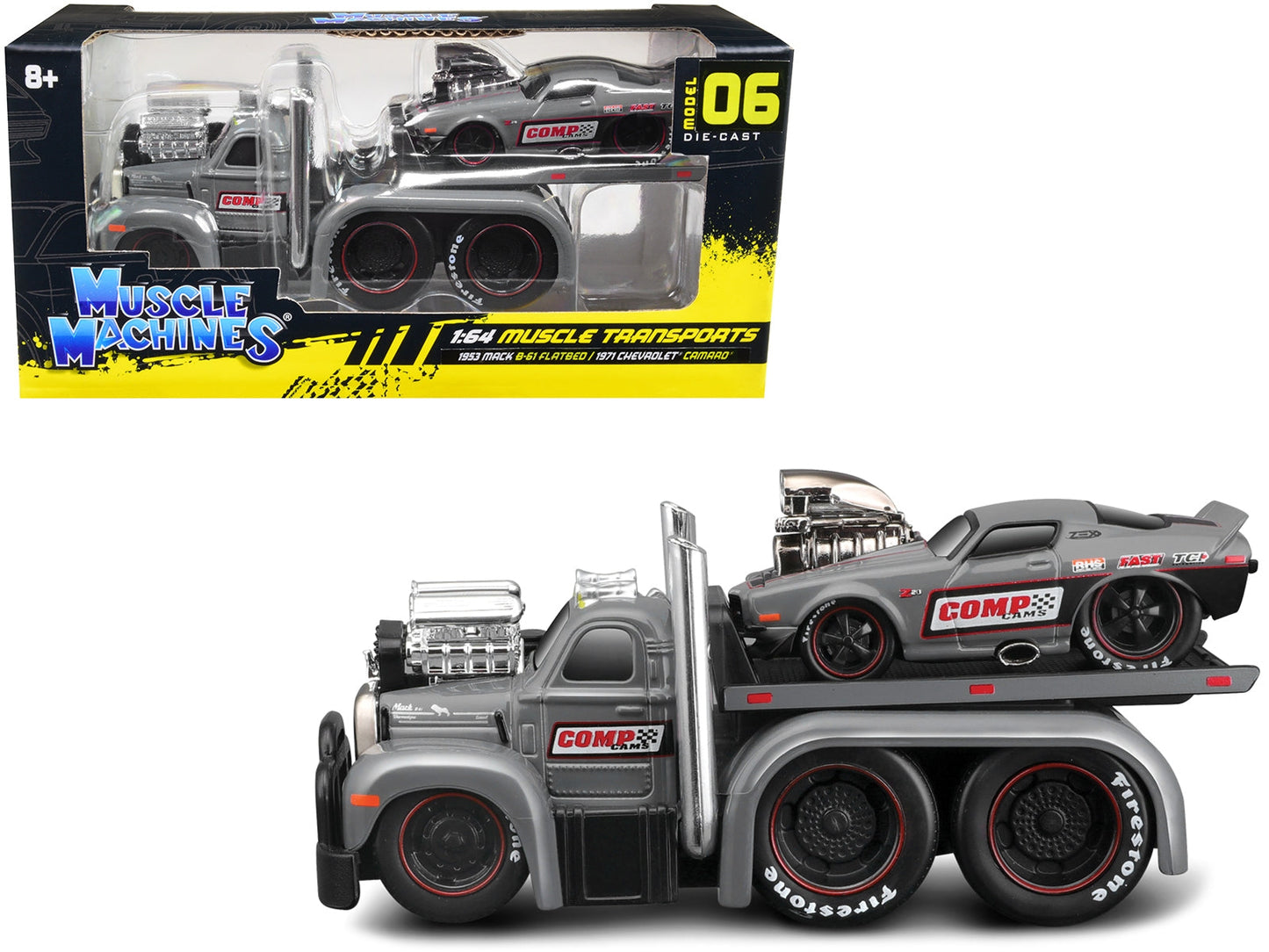 1953 Mack B-61 Flatbed Truck and 1971 Chevrolet Camaro Gray "Comp Cams" "Muscle Transports" Series 1/64 Diecast Model Cars by Muscle Machines LuxuryLifeWay Online Store