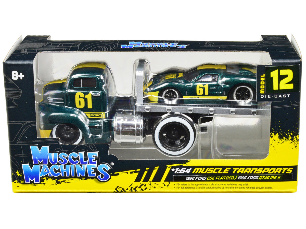 1950 Ford COE Flatbed Truck #61 and 1966 Ford GT40 MK II #61 Green Metallic with Yellow Stripes "Muscle Transports" Series 1/64 Diecast Model Cars by Muscle Machines LuxuryLifeWay Online Store