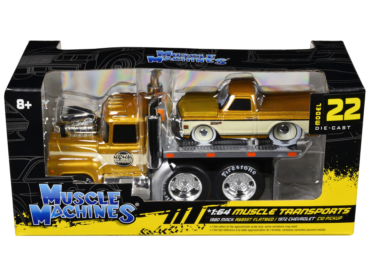 1980 Mack A685ST Flatbed Truck Gold Metallic with Beige Stripes "Madman Garage" and 1972 Chevrolet C10 Pickup Truck Gold Metallic and Beige "Muscle Transports" Series 1/64 Diecast Models by Muscle Machines LuxuryLifeWay Online Store