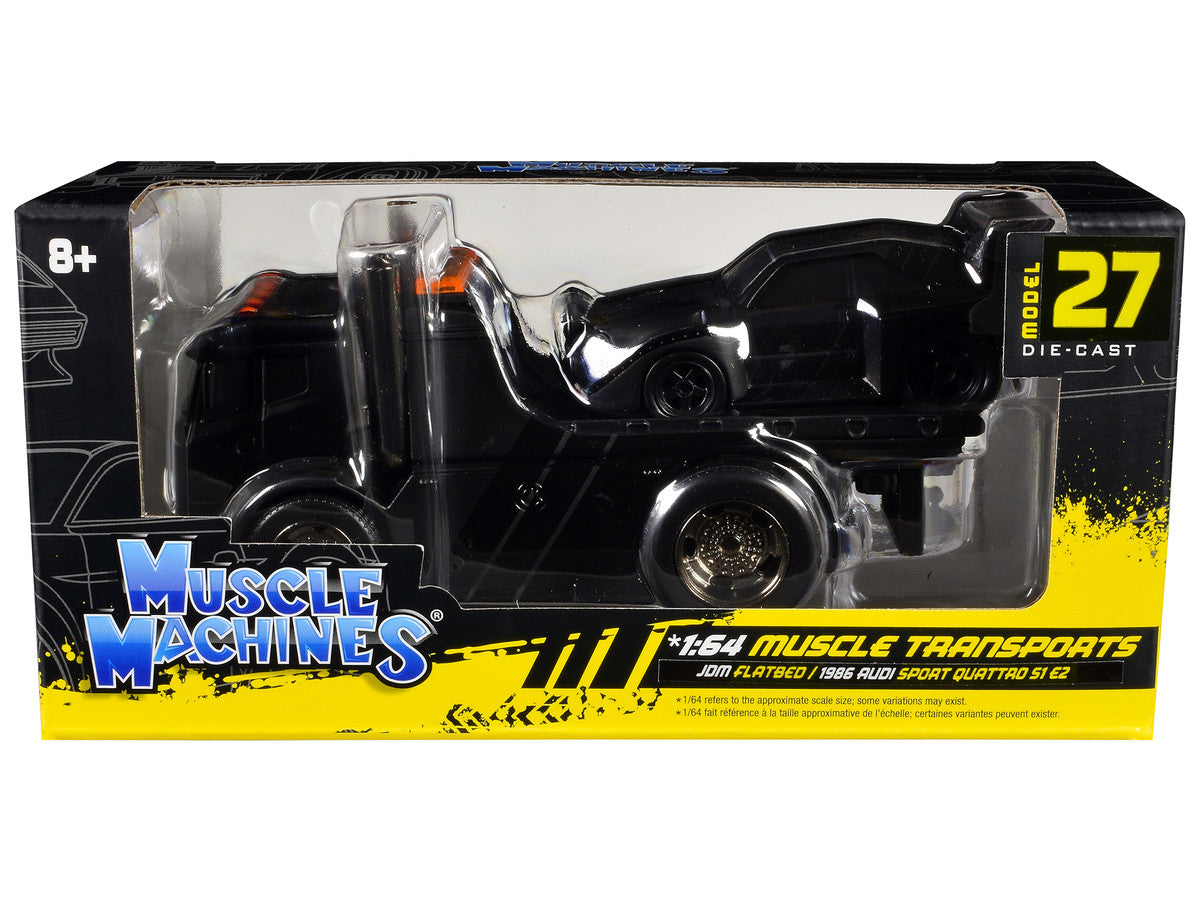 JDM Flatbed Truck Matt Black and 1986 Audi Sport Quattro S1 E2 Matt Black "Muscle Transports" Series 1/64 Diecast Models by Muscle Machines LuxuryLifeWay Online Store