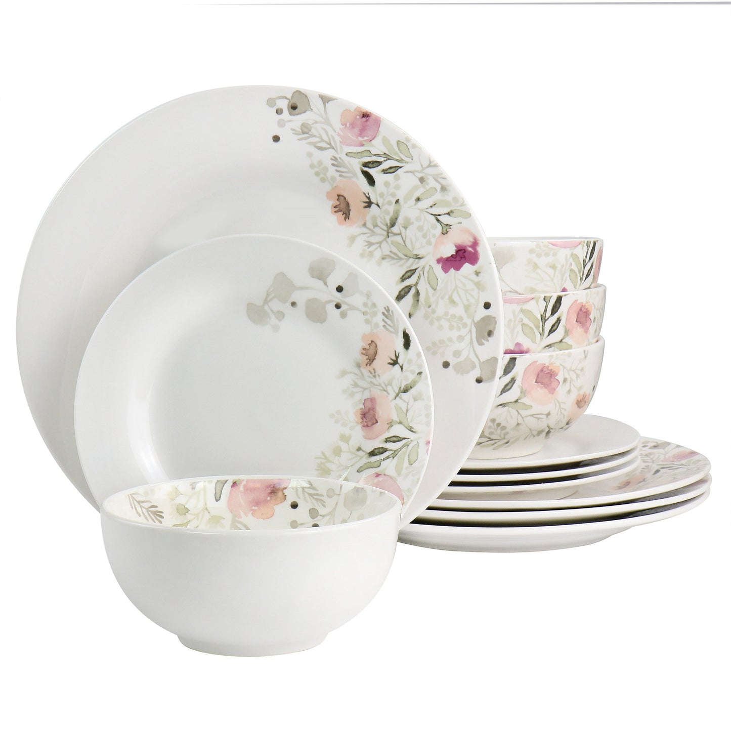 Gibson Home Lily Garden Ceramic 12 Piece Dinnerware Set in White and Pink LuxuryLifeWay Online Store