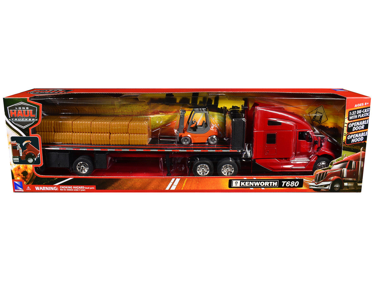 Kenworth T680 Truck Red and Flatbed Trailer with Forklift and Hay Load "Long Haul Trucker" Series 1/32 Diecast Model by New Ray LuxuryLifeWay Online Store