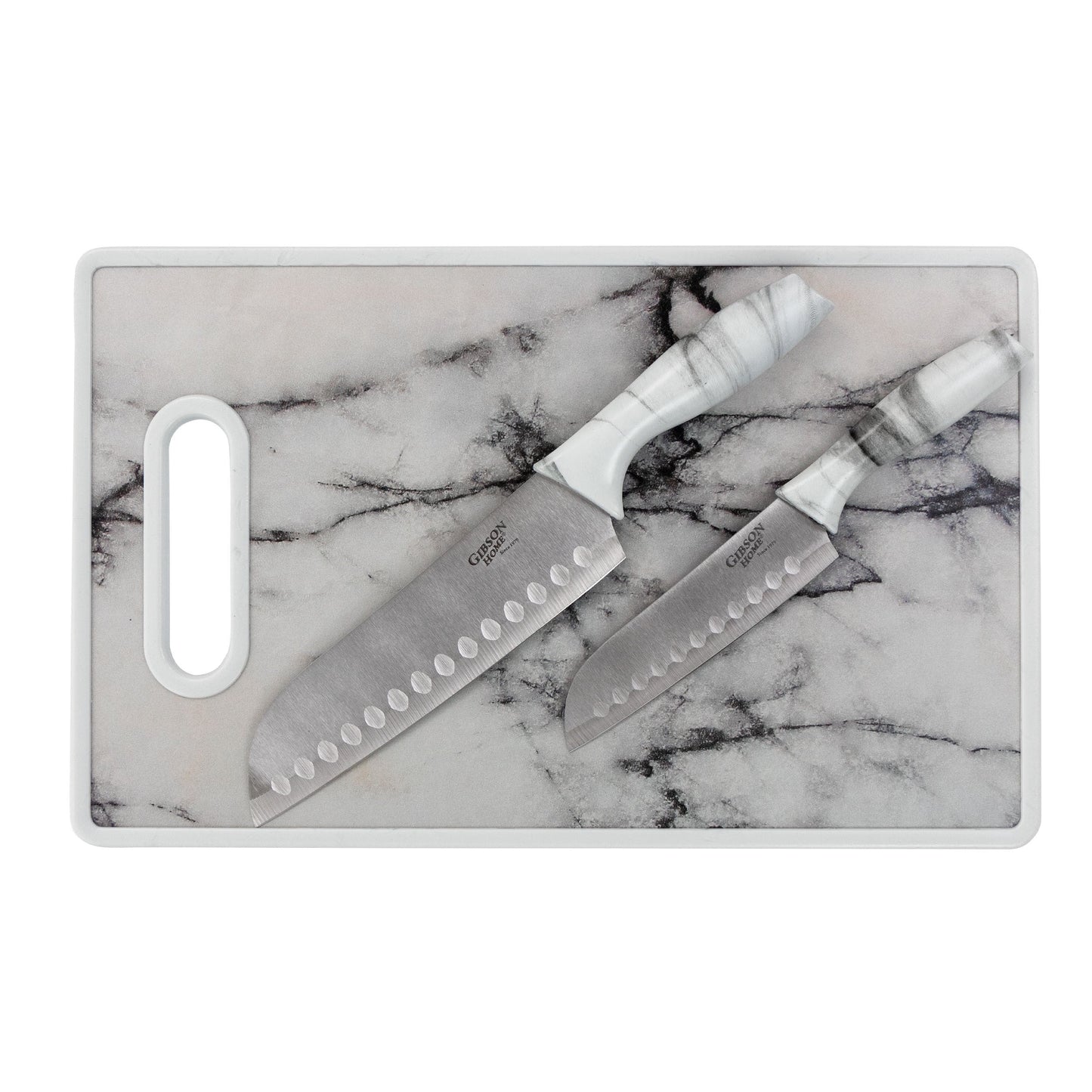 Gibson Home Beaumont 3 Piece Stainless Steel Santoku Knife Set with Cutting Board in White Marble LuxuryLifeWay Online Store