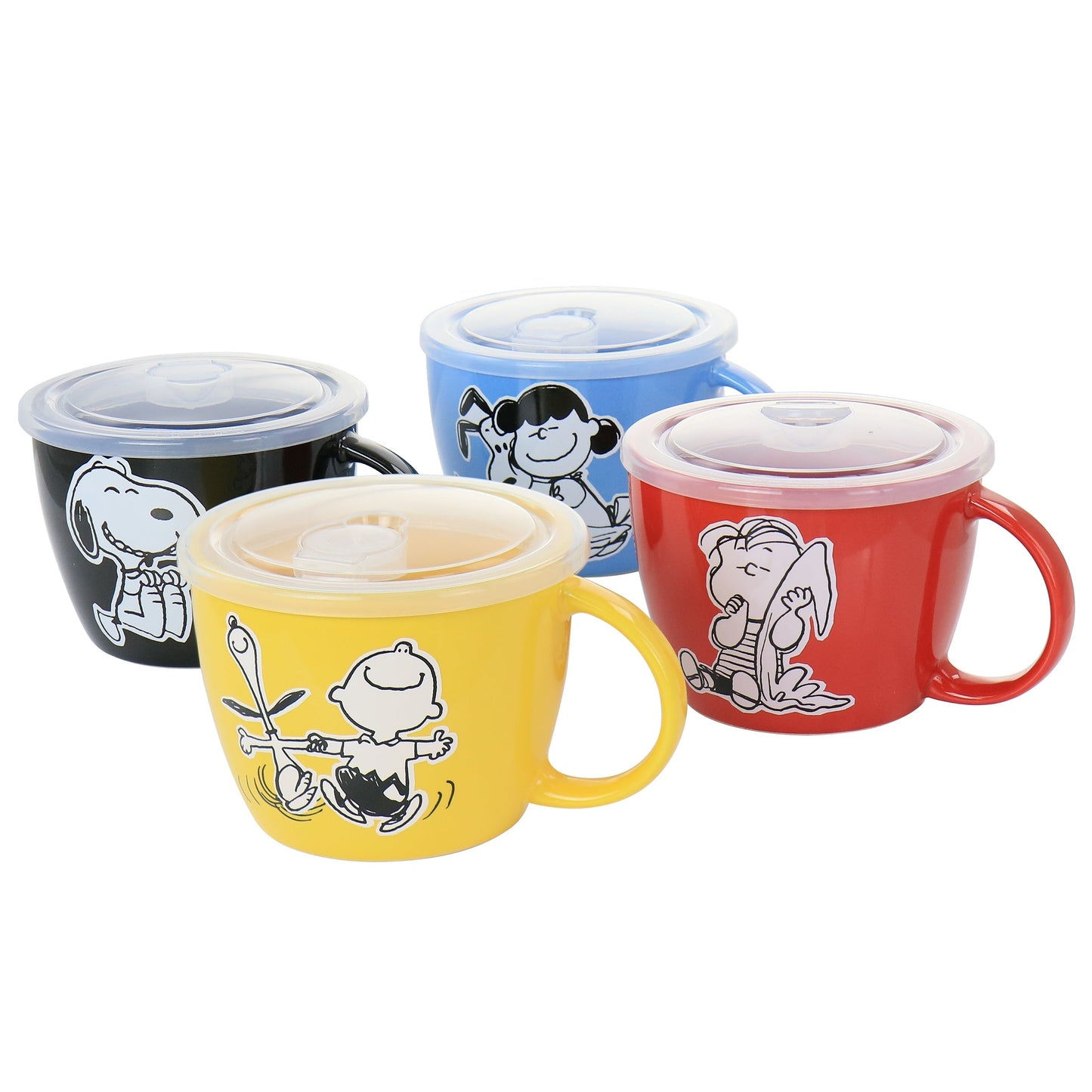Gibson Peanuts 70th Anniversary 4 Piece Stoneware 23.5oz Soup Bowl Set with Vented Lids in Assorted Colors LuxuryLifeWay Online Store