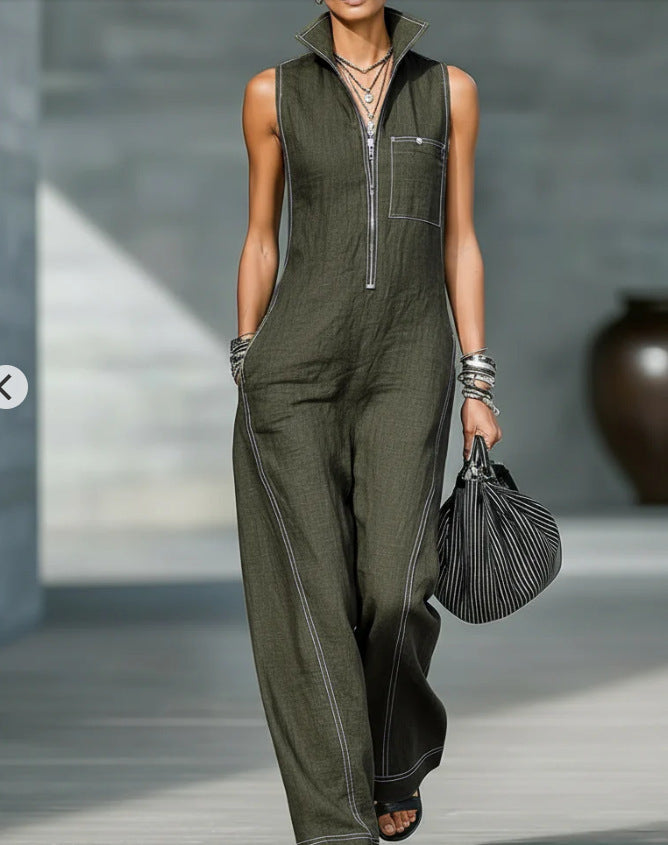 Stand-up Collar Jumpsuit With Pockets Summer Fashion Casual Sleeveless Jumpsuit Trousers Women's Clothing LadyShow.Store