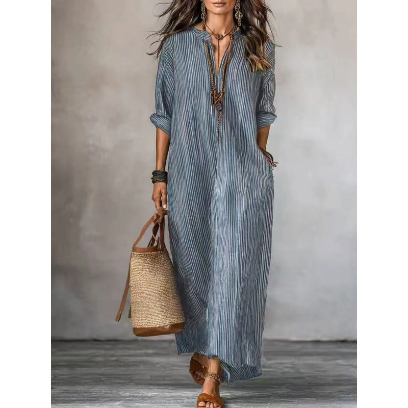 Fashionable V-neck Striped Loose-fit Dress NorixaFashion.com