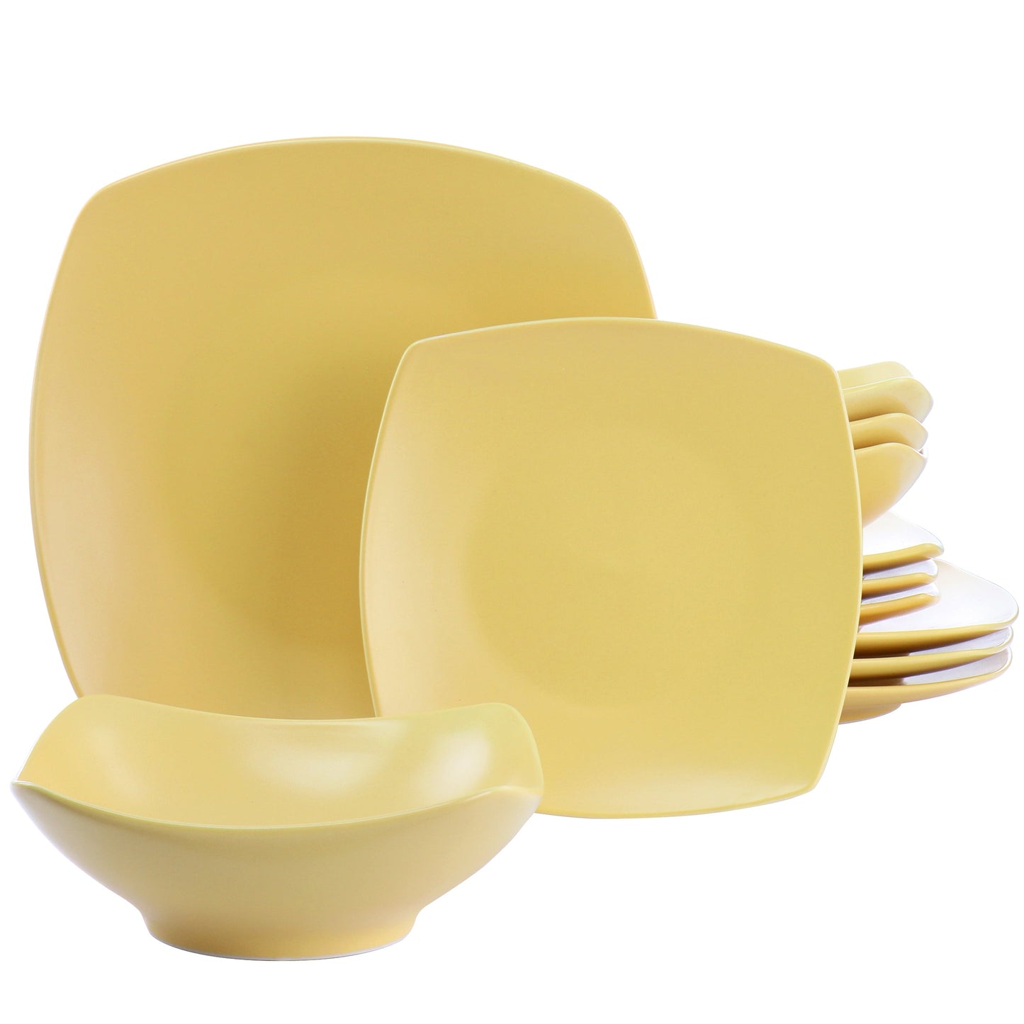 Gibson Home Zen Buffetware 12 Piece Square Fine Ceramic Dinnerware Set in Matte Yellow LuxuryLifeWay Online Store