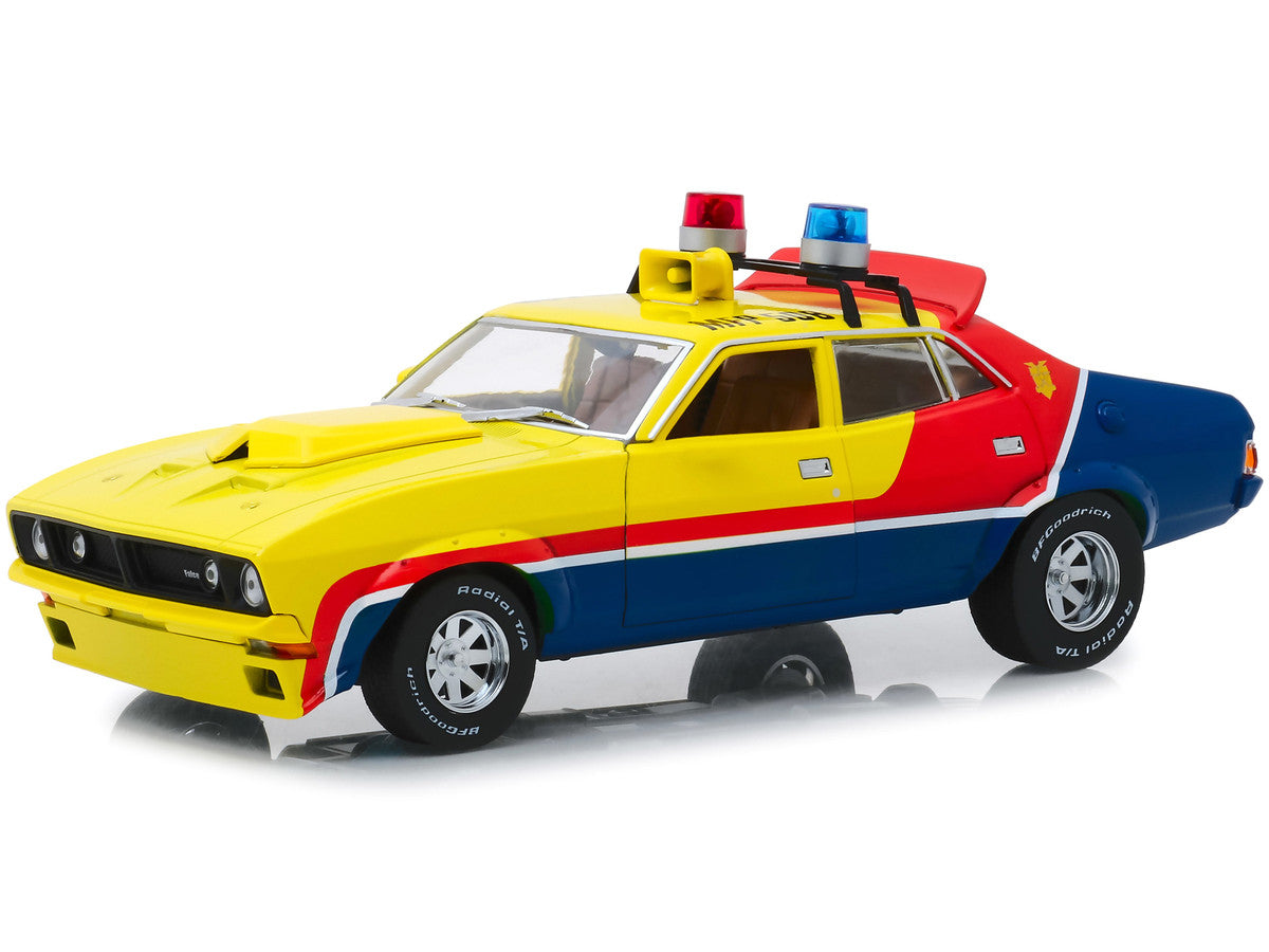 1974 Ford Falcon XB 4-Door Sedan RHD (Right Hand Drive) Yellow and Blue with Red Stripes "MFP 508" "First of the V8 Interceptors" (1979) Movie 1/18 Diecast Model Car by Greenlight LuxuryLifeWay Online Store