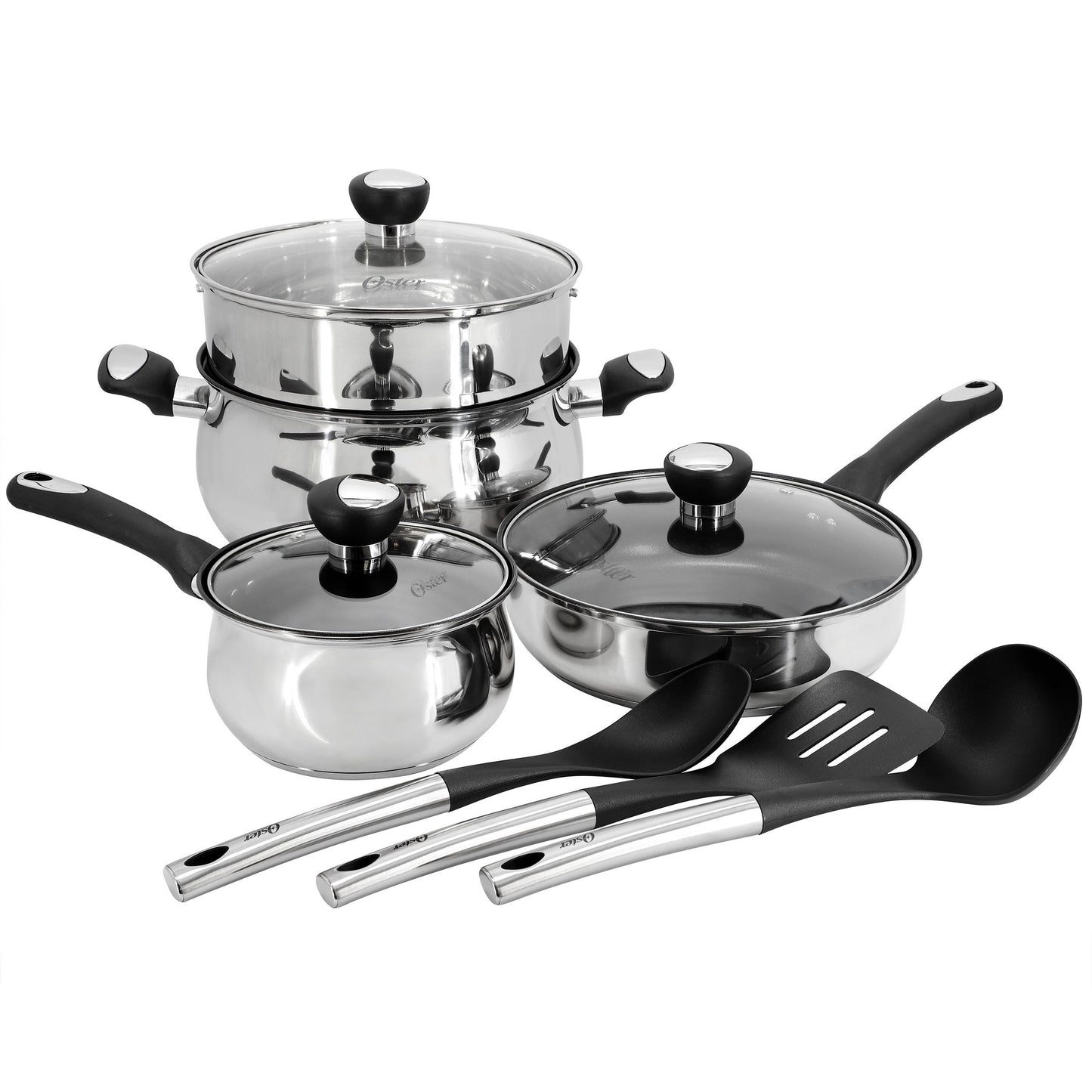 Oster Baldwyn 10 Piece Stainless Steel Belly-Shaped Nonstick Cookware and Utensil Set LuxuryLifeWay Online Store
