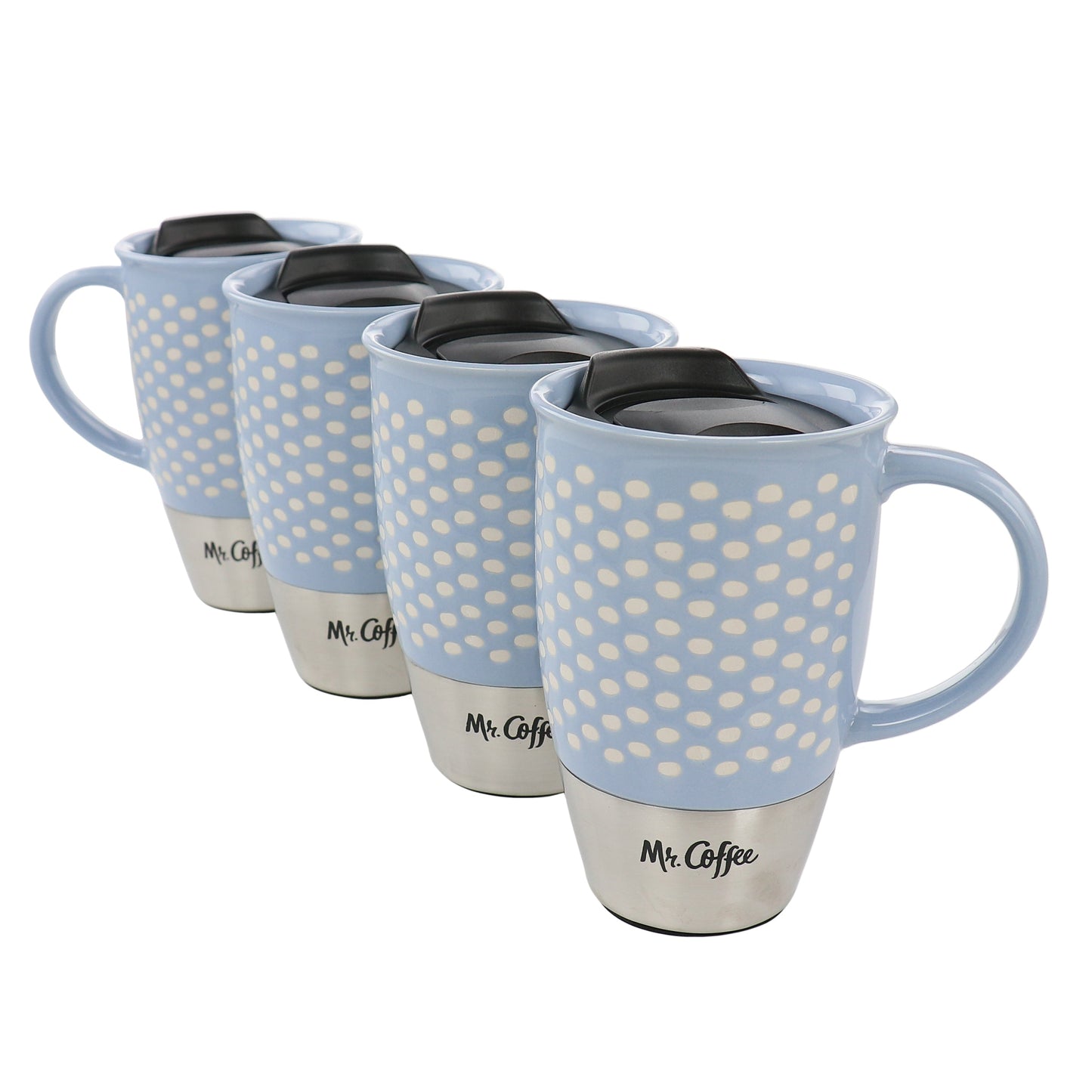 Mr. Coffee Coupleton Dot 4 Piece 15 Ounce Stoneware and Stainless Steel Travel Mug Set with Lid in Blue LuxuryLifeWay Online Store