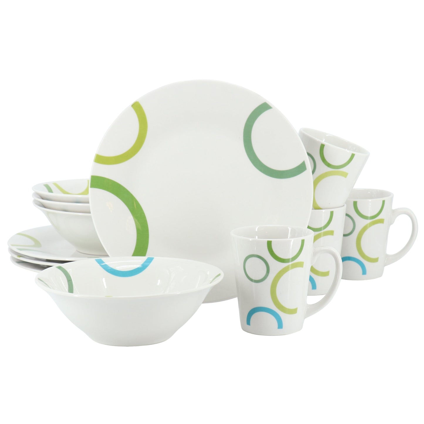 Gibson Home Green Loops 12 Piece Round Fine Ceramic Dinnerware Set in White LuxuryLifeWay Online Store