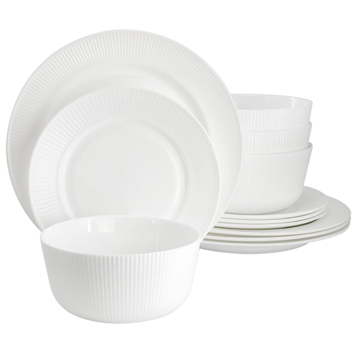 Ultra by Gibson Swanton Stripe 12 Piece Break-Resistant Opal Glass Dinnerware Set in White LuxuryLifeWay Online Store