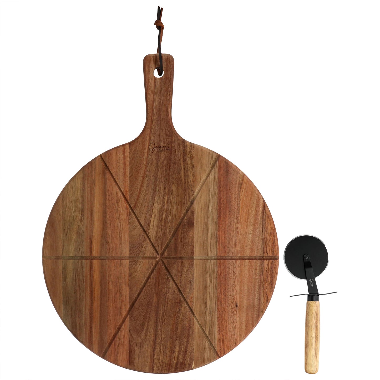Gibson Elite 2 Piece Acacia Wood Serving Board and Pizza Cutter Set in Brown LuxuryLifeWay Online Store