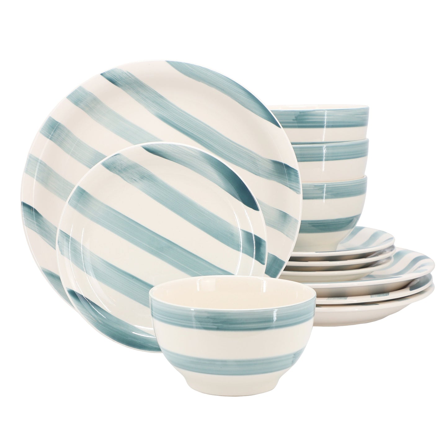 Gibson Home Kenwood Shores 12 Piece Stoneware Dinnerware Set in Blue Stripe LuxuryLifeWay Online Store