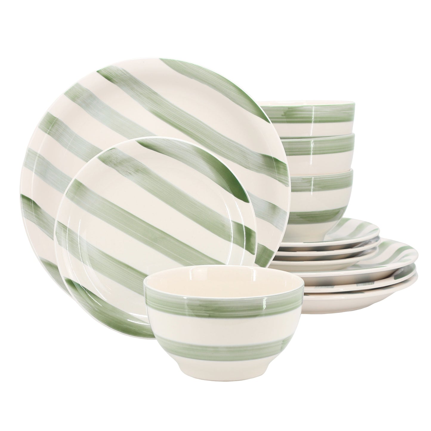 Gibson Home Kenwood Shores 12 Piece Stoneware Dinnerware Set in Green Stripe LuxuryLifeWay Online Store