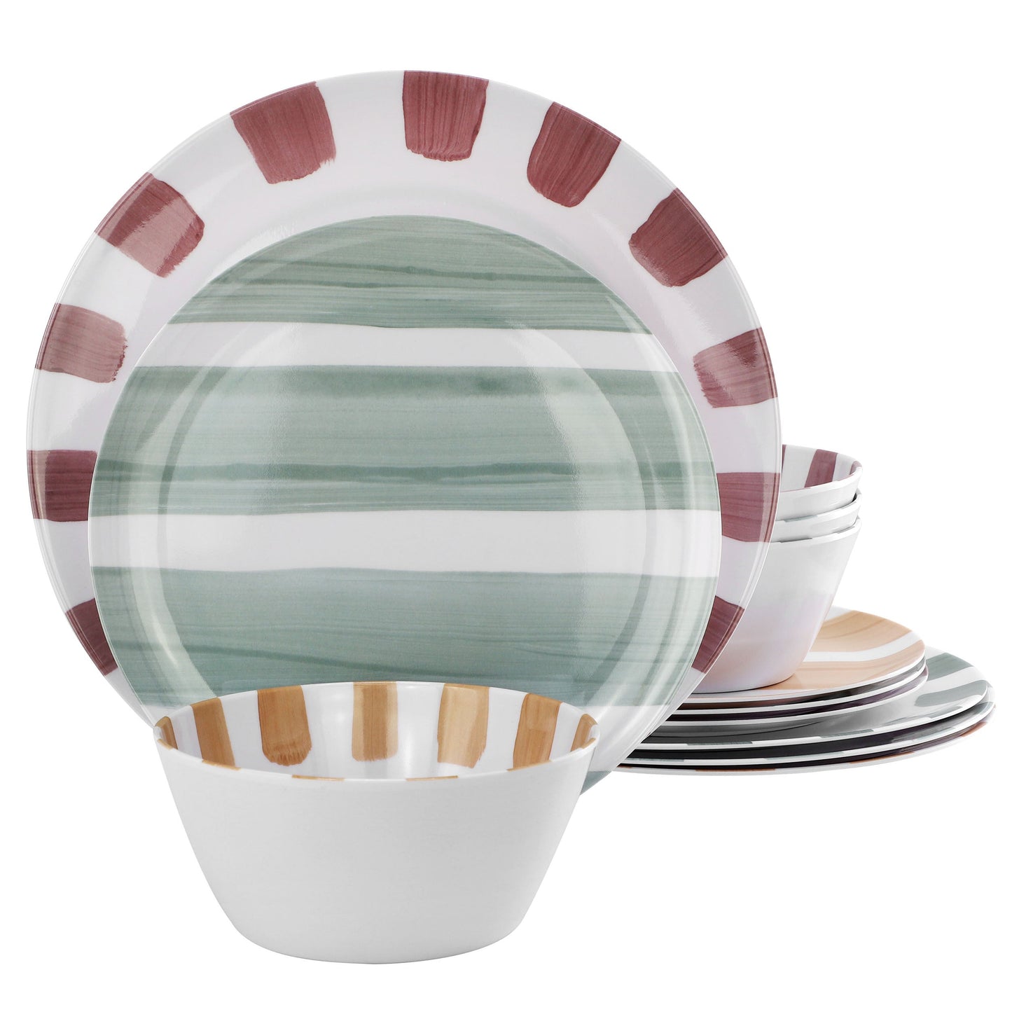 Gibson Home Cottage Stripes 12 Piece Melamine Dinnerware Set in White and Multi LuxuryLifeWay Online Store