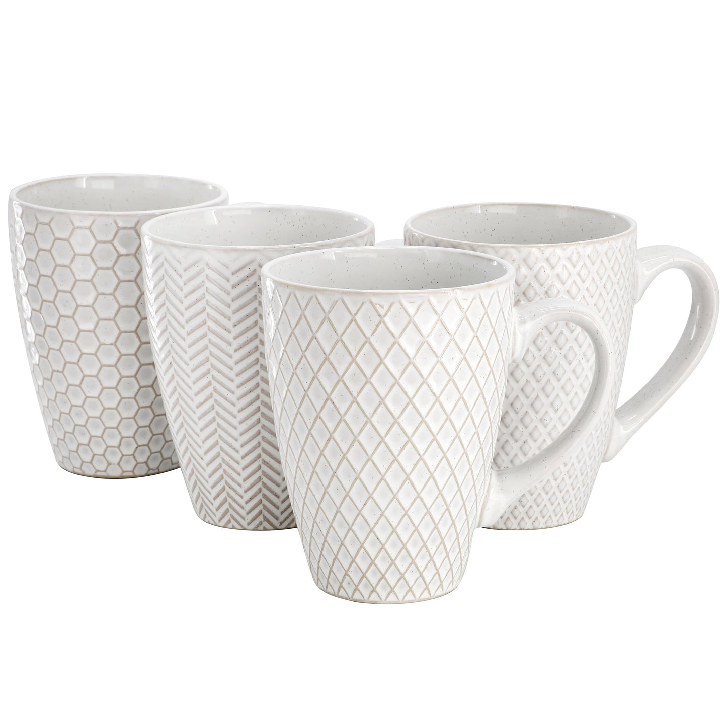 Gibson Elite Earlhart 4 Piece 16 Ounce Stoneware Assorted Pattern Mug Set in White LuxuryLifeWay Online Store