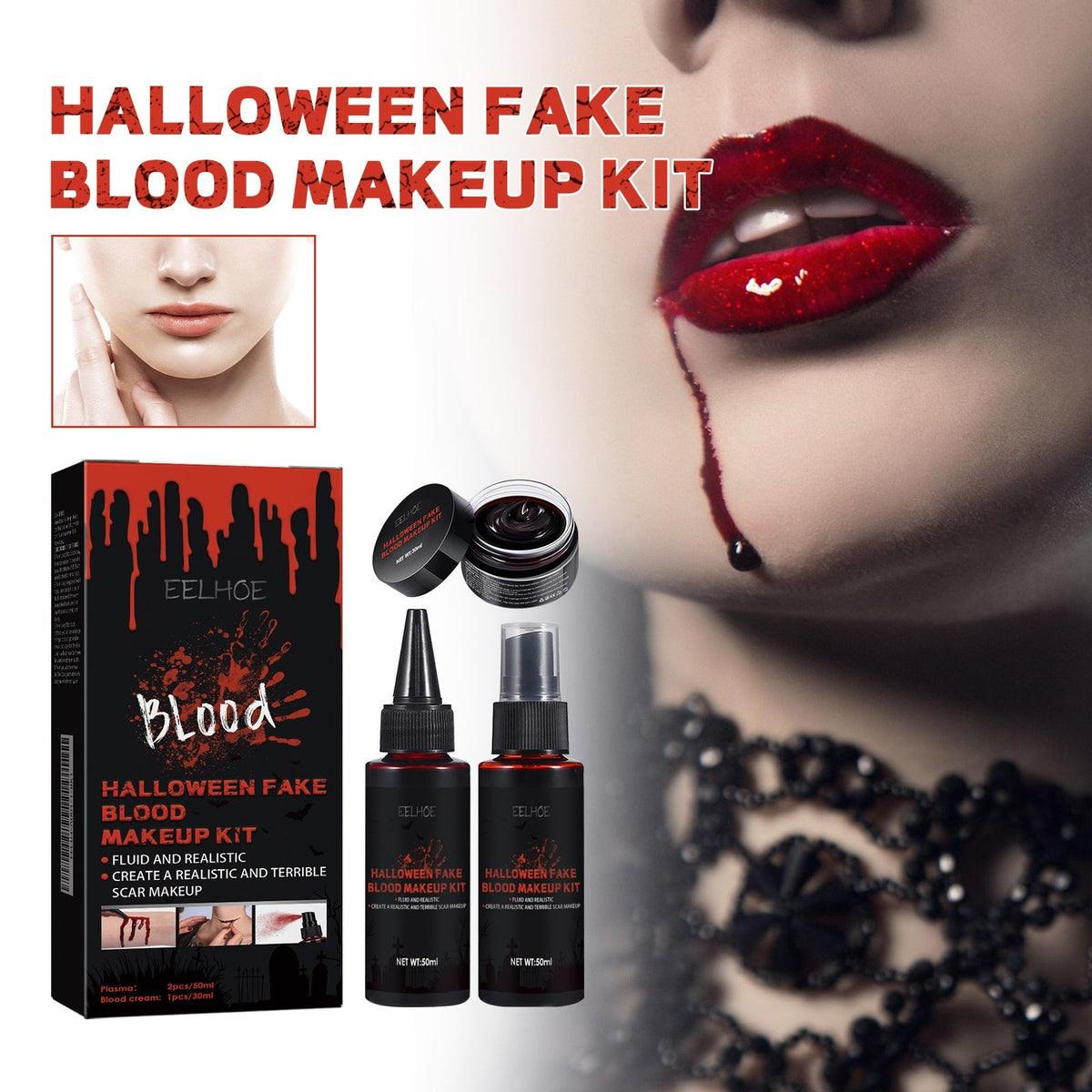 Halloween Fake Blood Makeup Suit Blood Spray 50mlx2 -plasma 30mlx1 1box Tri Light Beauty