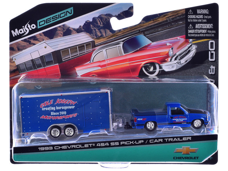 1993 Chevrolet 454 SS Pickup Truck Blue Metallic with Black Hood and Car Trailer Blue Metallic "Cole Joseph Motorsports" "Tow & Go" Series 1/64 Diecast Model Car by Maisto LuxuryLifeWay Online Store