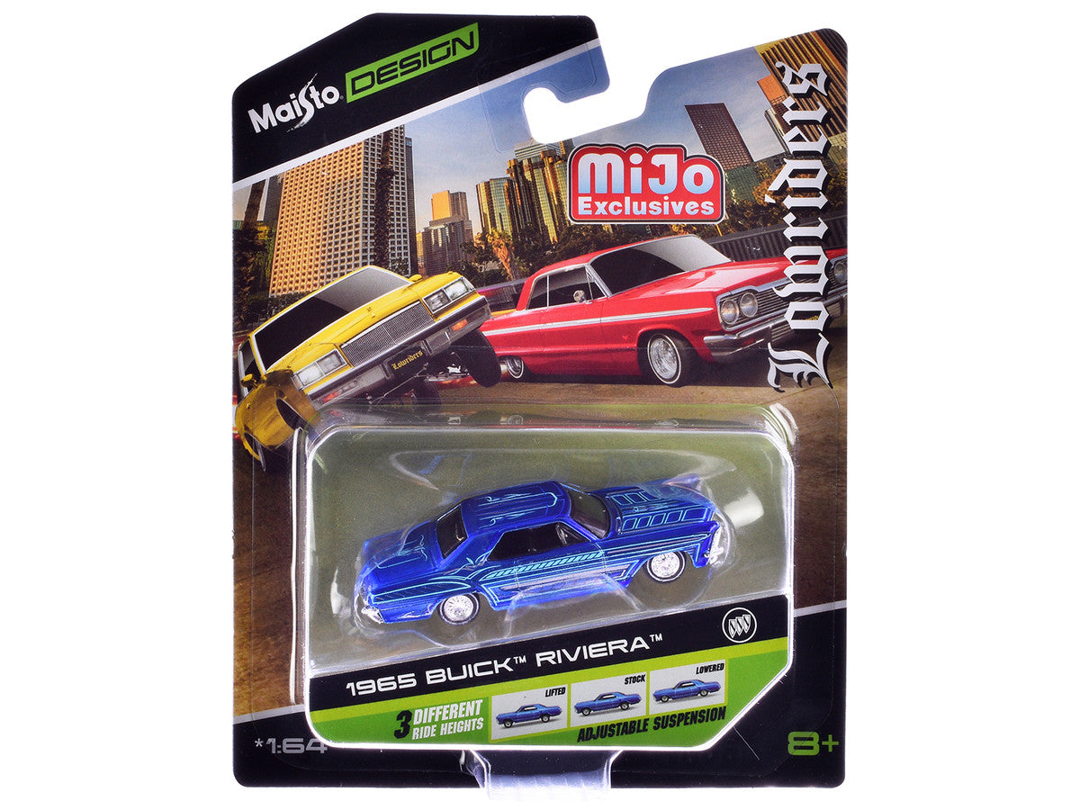 1965 Buick Riviera Candy Blue with Graphics "Lowriders" "Maisto Design" Series 1/64 Diecast Model Car by Maisto LuxuryLifeWay Online Store