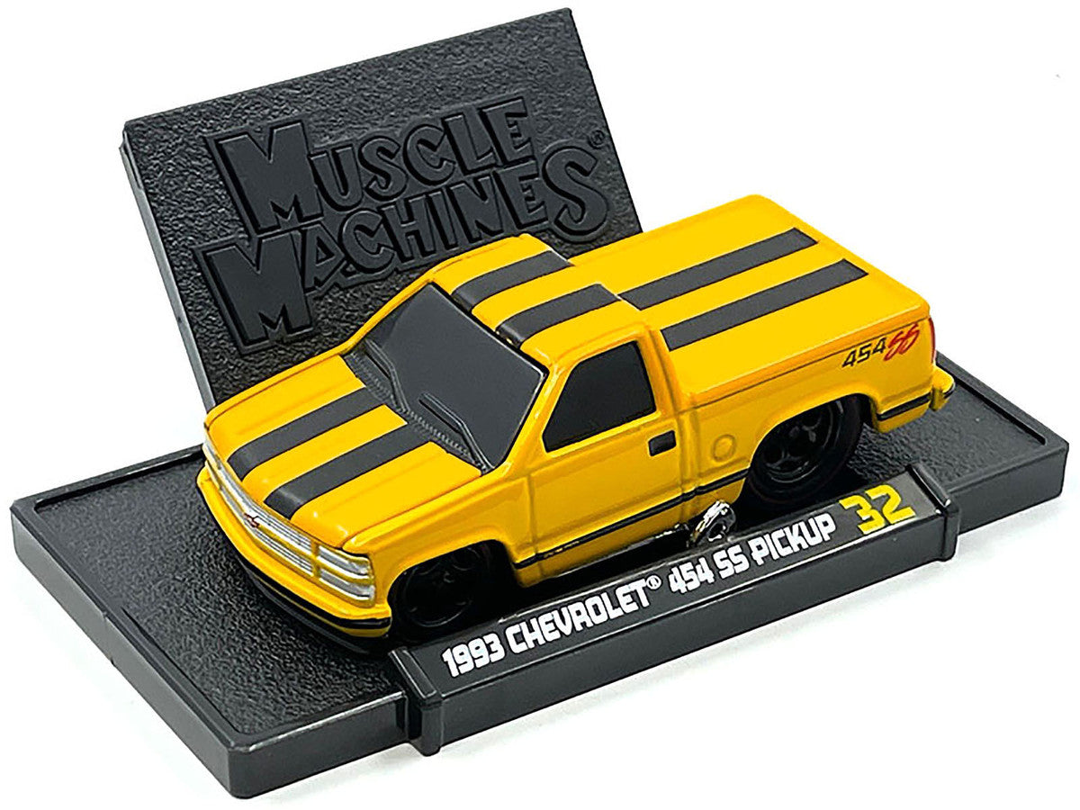 1993 Chevrolet 454 SS Pickup Truck Yellow with Black Stripes 1/64 Diecast Model Car by Muscle Machines LuxuryLifeWay Online Store