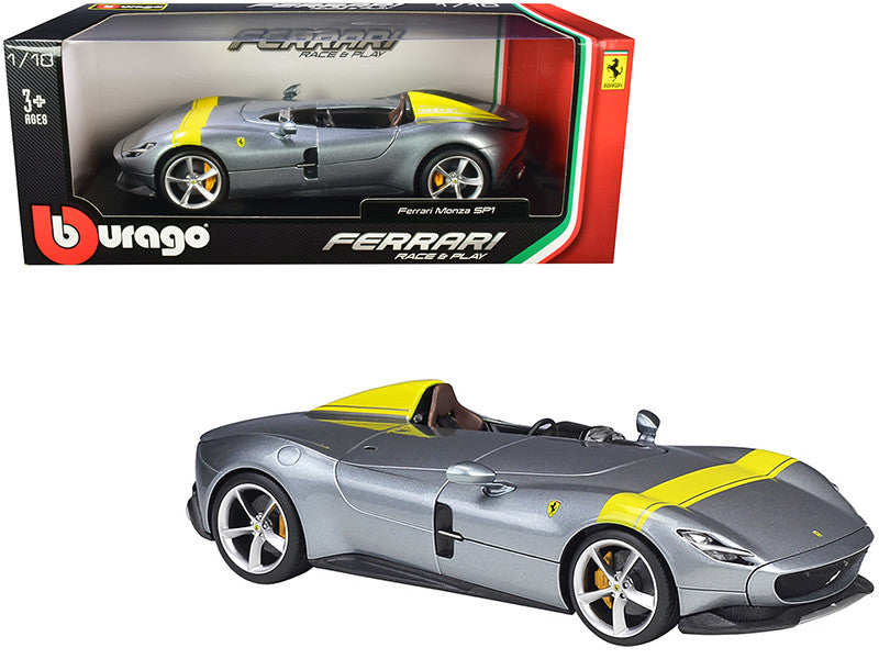 Ferrari Monza SP1 Silver Metallic with Yellow Stripes 1/18 Diecast Model Car by Bburago LuxuryLifeWay Online Store