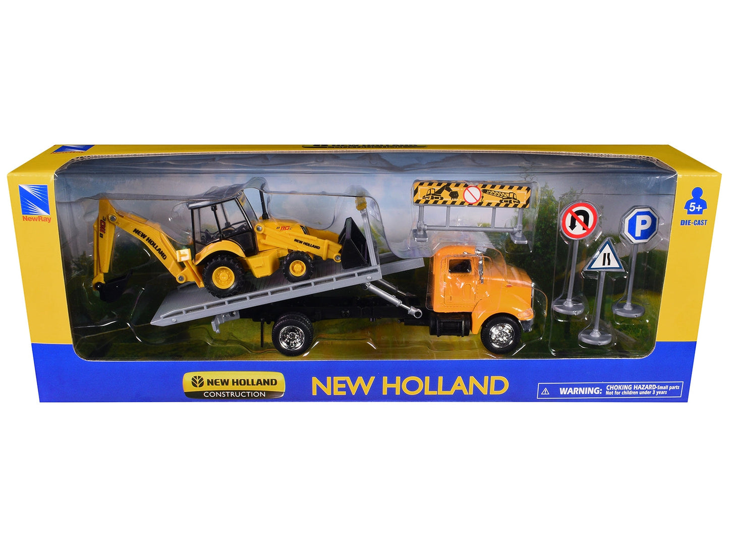 Peterbilt 335 Roll-Off Flatbed Truck and New Holland B110C Backhoe Loader with Street Signs "New Holland Construction" Diecast Models by New Ray