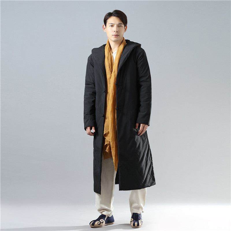 Men's winter buckle hooded mid-length cotton jacket CJD