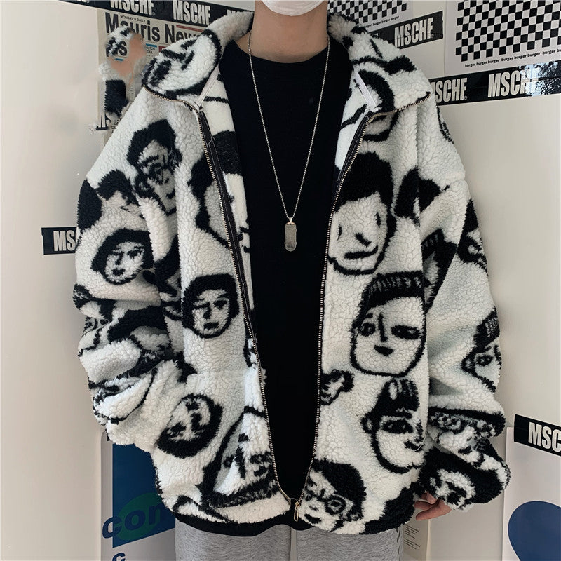WAKUTA Winter Wool Coat Female Street Wear Chic Cute Funny Print Coats and Jackets Casual Loose Winter Clothes for Women CJD