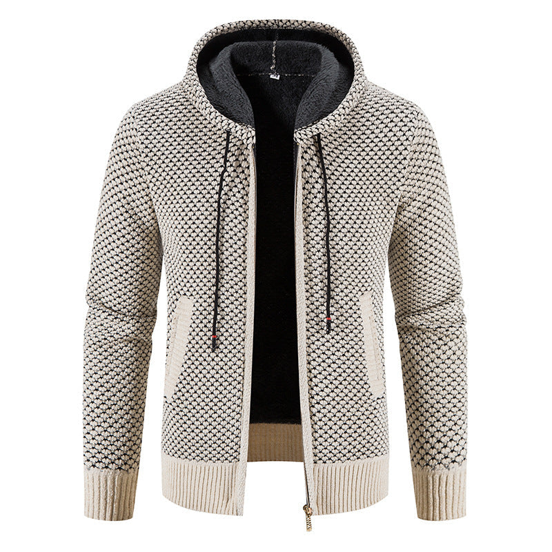 Knitwear Men's Hooded Sweater Fleece-lined Velvet-added Thickness Fleece-lined Warm Cardigan Coat LadyShow.Store