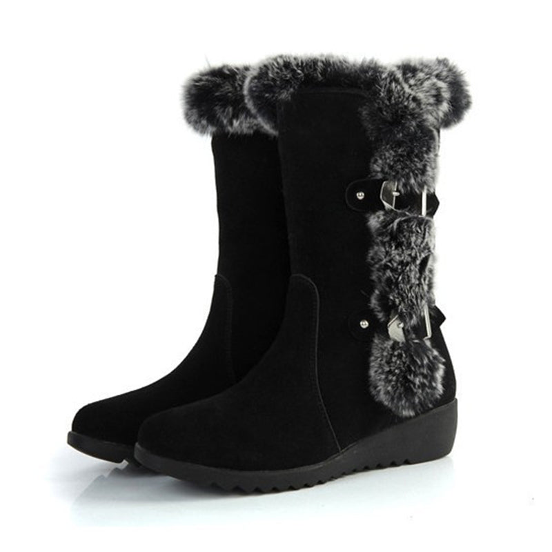 Brown New Winter Women Casual Warm Fur Mid-Calf Boots Shoes Women Slip-On Round Toe Flats Snow Boots Shoes LadyShow.Store
