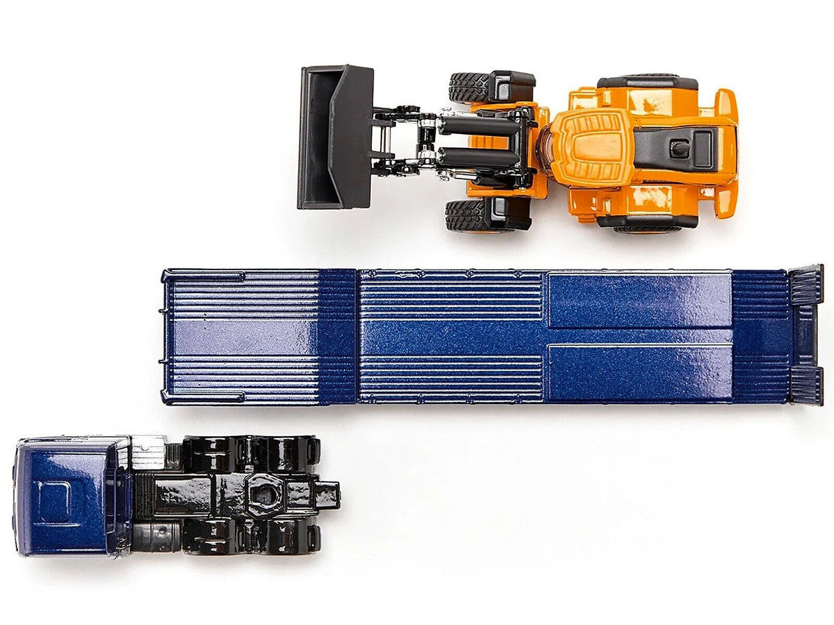 MAN Truck Blue Metallic with Low Loader Trailer and JCB 457 Wheel Loader Yellow 1/87 (HO) Diecast Model by Siku LuxuryLifeWay Online Store