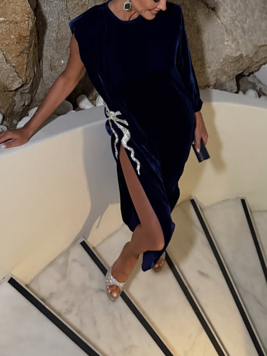 Navy Blue Velvet Gown With White Bow And High Slit Detail NorixaFashion.com